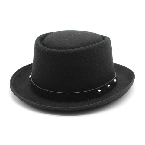 Retro Woolen Pork Pie Hat With Leather Rivet Band Flat Top Small Brim British Style For Men Women