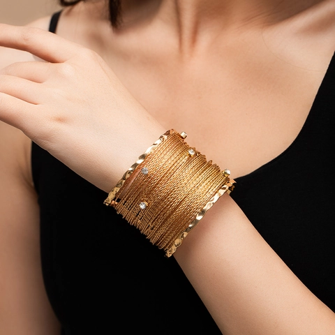 Bracciale Rigido Largo Lega Ferro Strass Multistrato Intrecciato Strutturato Bohémien Etnico Esotico Gioielli Mano Metallo