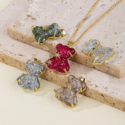 Collana Con Ciondolo A Orsetto Rame Placcato Oro 18K Resina Colorata Stella Zircone Versatile Moda Per Donna
