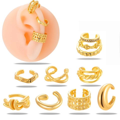 Ear Cuffs De Cobre Y Circonita Sin Perforación En Forma De U Geométrico Texturizado Pulido Joyas De Clip De Oreja Para Mujer