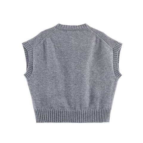 Women Knitted Vest Button Front Sleeveless Sweater With Pockets Round Neck Grey Casual Layering Waistcoat Top
