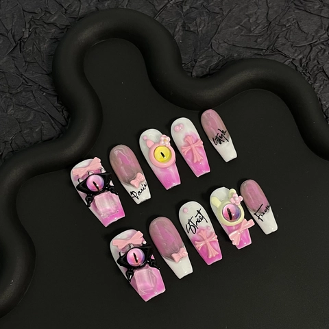 Handgefertigte Press On Nägel Rosa Verlauf 3D Kreuz Monster Bogen Sweet Cool Style Für Frauen