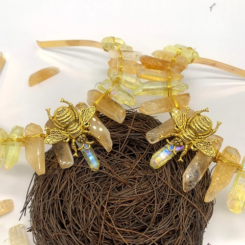 Handmade Bohemian Crystal Bee Moon Headband Elegant Bridal Crown Yellow Raw Stone Hair Accessories For Wedding Festival Women Gift