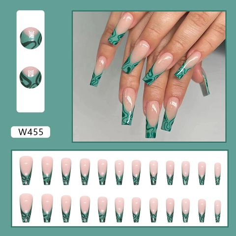Faux Ongles Longs Cercueil Motif Ondulé Vert Pointe Française Ongles Artificiels Brillants Pour Femmes Manucure