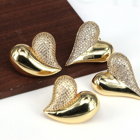 French Minimalist Copper Zirconia Heart Stud Earrings Vintage Geometric Water Drop Gold Inlaid Zircon Earrings For Women