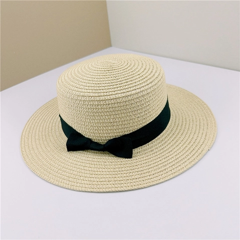 Women Boater Straw Hat Woven Summer Sun Hat Wide Brim Flat Top Retro Beach Travel Elegant With Ribbon Bow