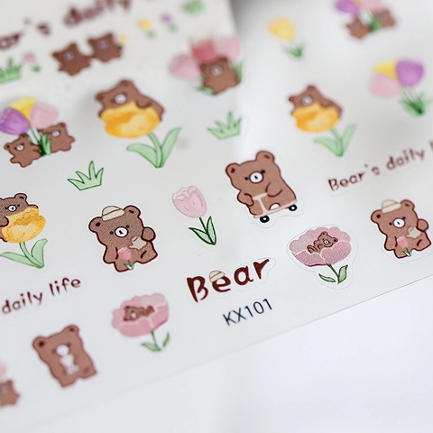 Cartoon Bär Und Tulpe Nagel Aufkleber Ultradünne Selbstklebende Transparente Decals Für Maniküre Dekoration Süßer Stil