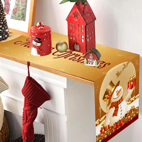 Christmas Table Runner Polyester Snowman Gift Box Pattern Gold Red Holiday Dining Party Table Decor