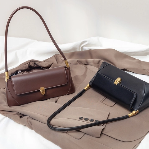 Sac Baguette Vintage En Cuir PU Pour Femmes Sac À Épaule Sous Le Bras Avec Fermoir En Métal Doré À Main Rétro Simple