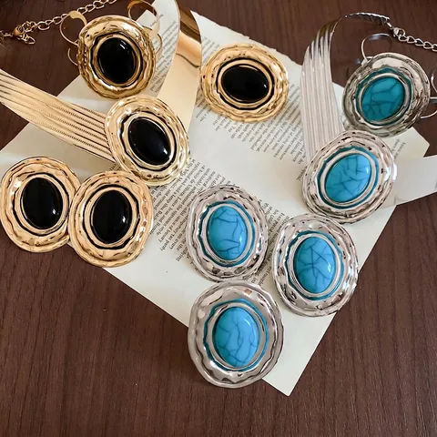 Westerse Vintage Overdreven IJzer Acryl Sieradenset Ovaal Lavatextuur Goud Zilver Verguld Choker Halsketting Armband Ring Oorbellen Set Voor Dames