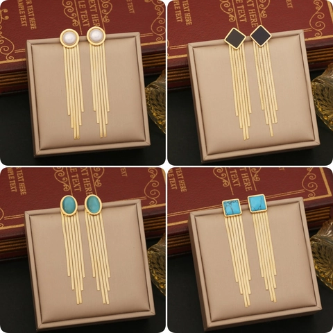 Long Tassel Drop Earrings Stainless Steel Vintage Geometric Artificial Pearl Cat Eye Stone Elegant Fashion Jewelry For Women