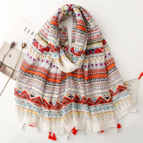 Écharpe Châle Imprimé Géométrique Bohème Voile De Polyester Léger Avec Glands Pour Femmes Voyage Plage