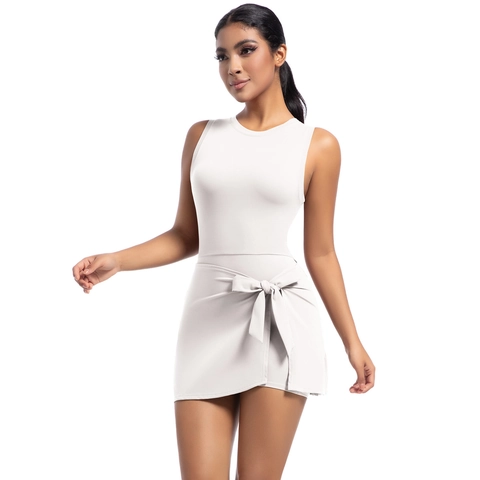 Ärmelloses Sport Tennis Kleid Damen Sports Romper Tiefer U-Rücken Schleife Activewear Gym Yoga Fitness