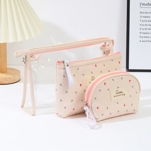 Transparent PVC And Fabric Cosmetic Bag Toiletry Pouch Makeup Organizer With Anchor Print Waterproof For Travel Women