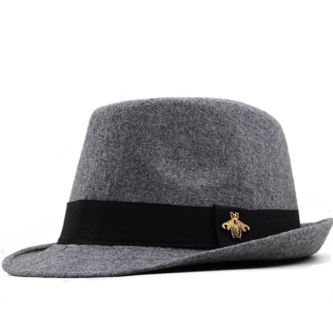 Chapeau Fedora Unisexe En Feutre De Laine Bord Large Style Britannique Rétro Avec Ruban Et Décor D'Abeille En Métal