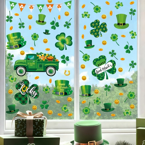 St Patricks Day PVC Window Clings Shamrock Wall Stickers Green Truck Leprechaun Hat Lucky Gold Coins Festive Home Shop Decor