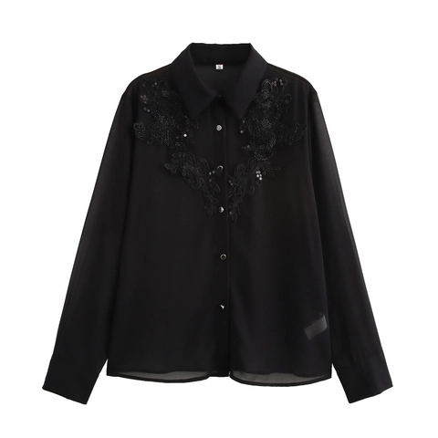 Dames Zwarte Chiffon Blouse Lange Mouw Transparante Mesh Shirt Geborduurde Bloemen Pailletten Kralen Revers Los Elegant