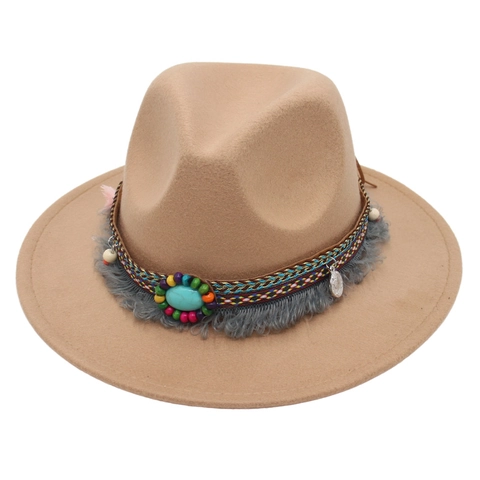 Kids Wide Brim Fedora Hat Wool Felt Bohemian Ethnic Style With Turquoise Tassels Beads Performance Travel Sun Hat