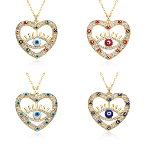 Heart Evil Eye Pendant Necklace Copper 18K Gold Plated Rhinestone Enamel Clavicle Chain For Women Fashion Jewelry Gift