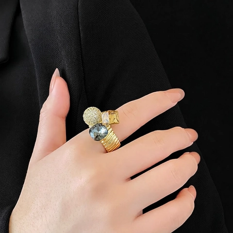 Geometric Open Ring Copper Gold Plated With Cubic Zirconia Square And Pear Shaped Multi Color Stone Retro Luxury Women Jewelry