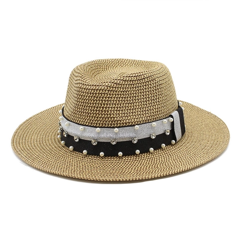 Cappello Fedora Di Paglia Da Donna Con Fascia Di Künstliche Perle E Strass Retrò Tesa Larga Protezione Solare Spiaggia Estate Traspirante