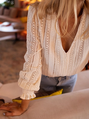 Hollow Crochet Lace Blouse V Neck Long Sleeve Ruffle Cuff Solid Color Retro Bohemian Elegant Casual Top For Women