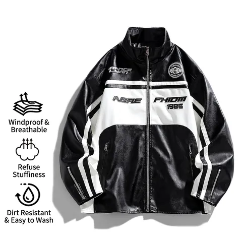 Heren Vintage Motorfiets PU Leren Jas Opstaande Kraag Racing Stijl Color Block Borduurwerk Streetwear