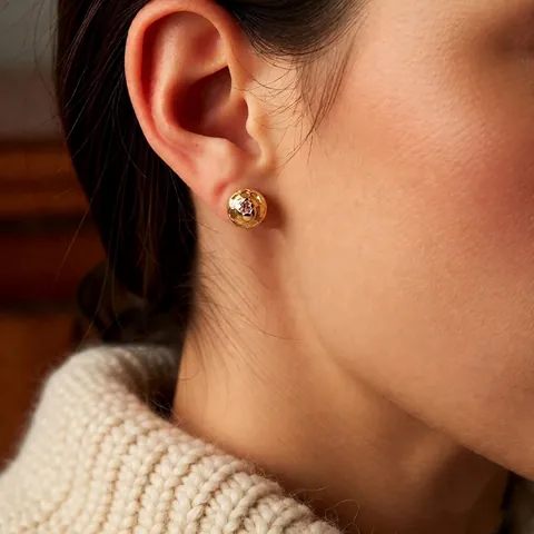 Vintage Round Stud Earrings Gold Plated Copper With Silver Earring Post Purple Zircon Embossed Relief Elegant Women