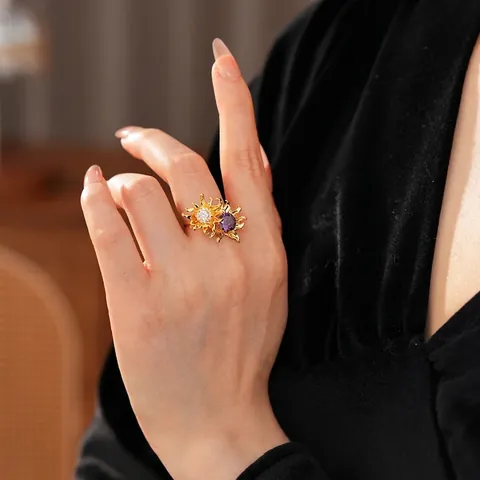 Elegante Anillo Abierto De Flores Cobre Chapado En Oro Con Circonita Morada Blanca Joyería Floral Ajustable Para Mujer