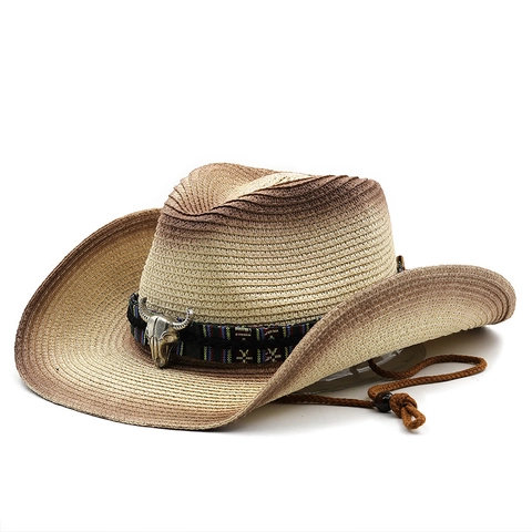 Western Cowboy Straw Hat With Gradient Color And Metallic Bull Head Decor Ethnic Band Sun Hat For Outdoor Beach