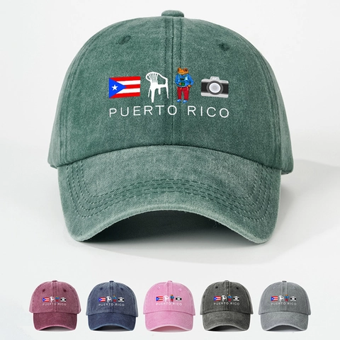 Puerto Rico Washed Polyester Baseball Cap Retro Flag Frog Print Adjustable Sun Hat Outdoor Travel Souvenir Unisex