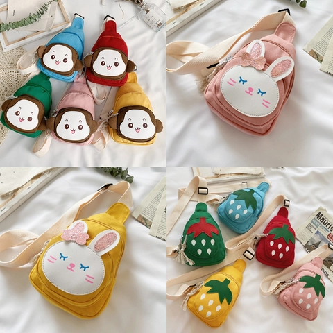 Kids Cartoon Animal Fruit Canvas Crossbody Chest Bag Adjustable Strap Korean Style For Boys Girls