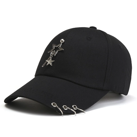 Women's Cotton Baseball Cap With Metal Rings Star Charm Punk Streetwear Adjustable Sun Protection Outdoor Sport Daily Hat