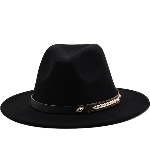 Cappello Fedora Unisex Feltro Di Lana Tesa Larga Cintura In Pelle Tessitura Decor Vintage Stile Jazz Britannico