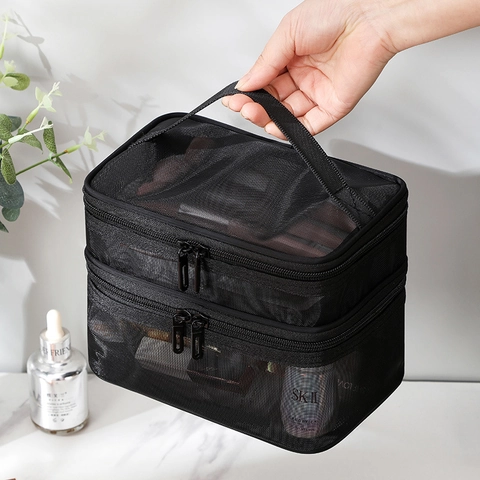 Double Layer Mesh Cosmetic Bag Large Capacity Portable Travel Toiletry Wash Organizer With Handle Zipper Nylon Breathable