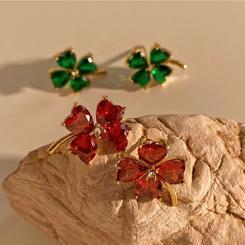 Stainless Steel Clover Stud Earrings Heart Shaped Zircon Flower Elegant Sweet Jewelry For Women Small Lightweight Accessory