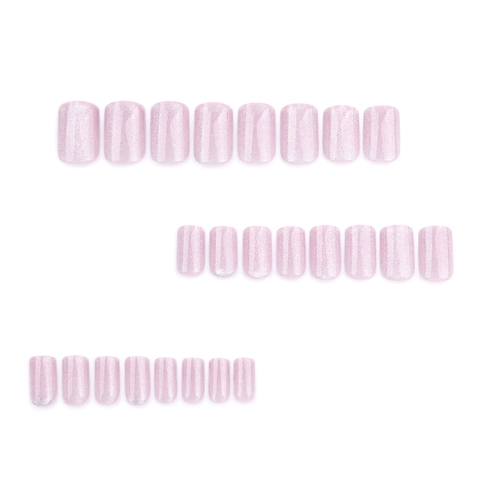 Short Square Press On Nails Pink Cat Eye Glitter Glossy Artificial Finger Nails For Women