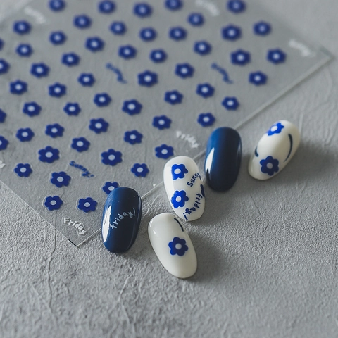 5D Blue Flower Nail Art Stickers Adhesive Thin Transparent English Letter Sunny Friday DIY Manicure Decor Elegant