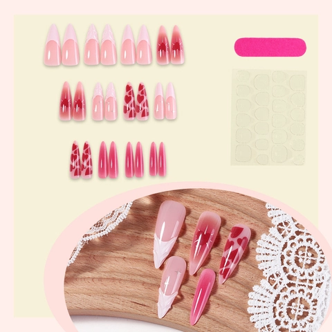Uñas Postizas Press On Almendradas Largas Diseño Corazón Relieve 3D Degradado Rosa Rojo Puntas Francesas DIY Elegante