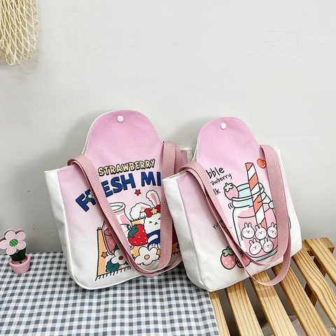 Sac Cabas En Toile Dessin Animé Motif Lapin Fraise Sac À Main Bandoulière Pour Étudiants Style Quotidien