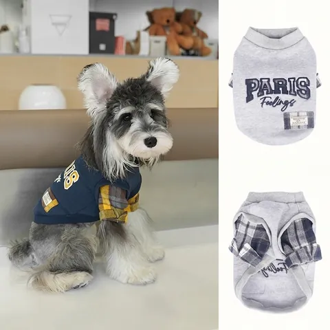 Layered Look Plaid Patchwork Pet Hoodie Cotton Letter Embroidery Autumn Winter Sweatshirt For Dogs Cats Streetwear Style