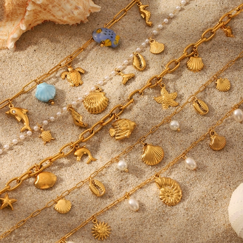Stainless Steel Necklace Shell Starfish Faux Artificial Pearl Ocean Beach Summer Vacation Jewelry Bohemian Trendy Women Non Fading
