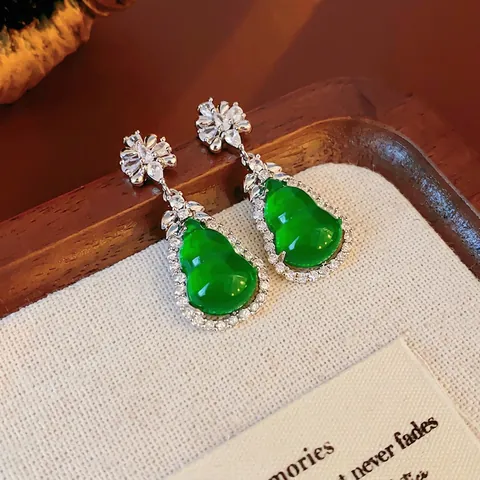 Orecchini Pendenti Zucca Resina Verde Zircone Rame 925 Argento Sterling Perno Stile Cinese Vintage Per Donne