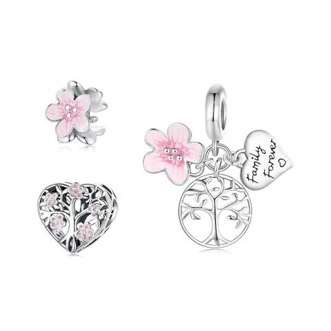 Tree Of Life Charms 925 Sterling Silver Pink Enamel Cherry Blossom Heart Beads For DIY Bracelet Jewelry Making