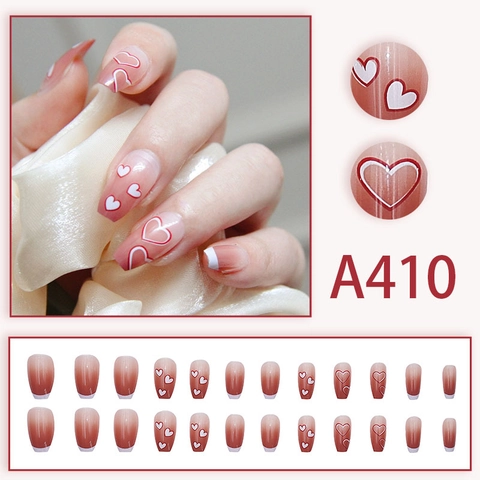 Press On Nails Pink Gradient Love Heart French Style Long Coffin Artificial False Finger Nails With Glue