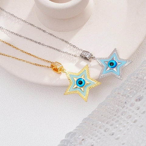 Kupfer Böser Blick Stern Anhänger Halskette Für Damen Glas Emaille Strass Eingelegt Gold Silber Galvanisiert Mode Schmuck