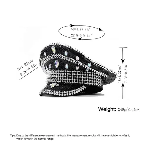 Schwarzer Pailletten Kapitänshut Mit Silbernen Metallspikes Und Holografischen Strasssteinen Punk Bühne Performance Militärhut