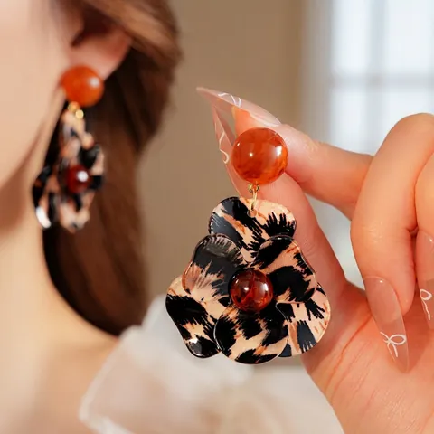 Leopard Print Flower Earrings Resin Vintage Floral Petal Drop Studs With Silver Earring Post For Women Elegant Jewelry