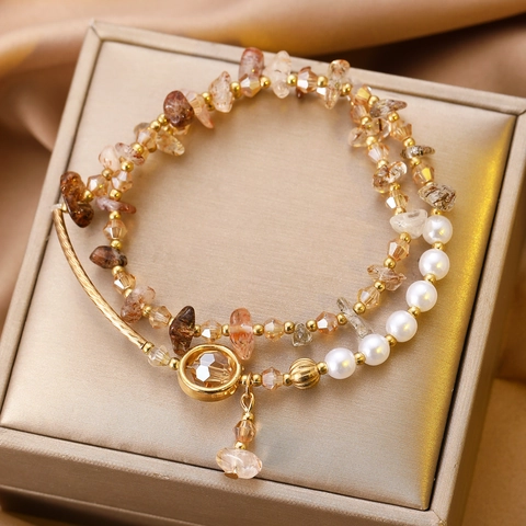 Bracelet Superposé en Alliage Vintage avec Strass et Perles Artificielles pour Femmes Charme Papillon en Pierre Naturelle Colorée Bijoux