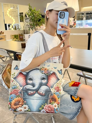 Women Canvas Tote Bag Large Capacity Animal Floral Print Embroidery Casual Handbag With Striped Straps And Zipper
